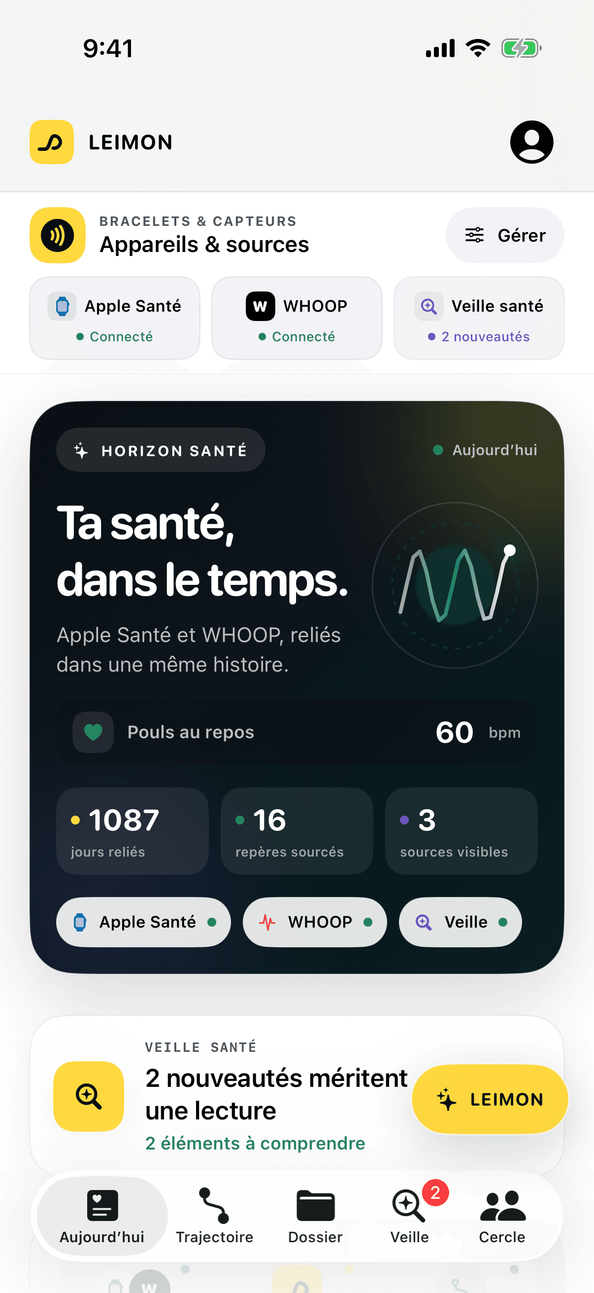 L’app LEIMON : Apple Santé et WHOOP connectés, indicateurs de santé et nouveautés de la veille.
