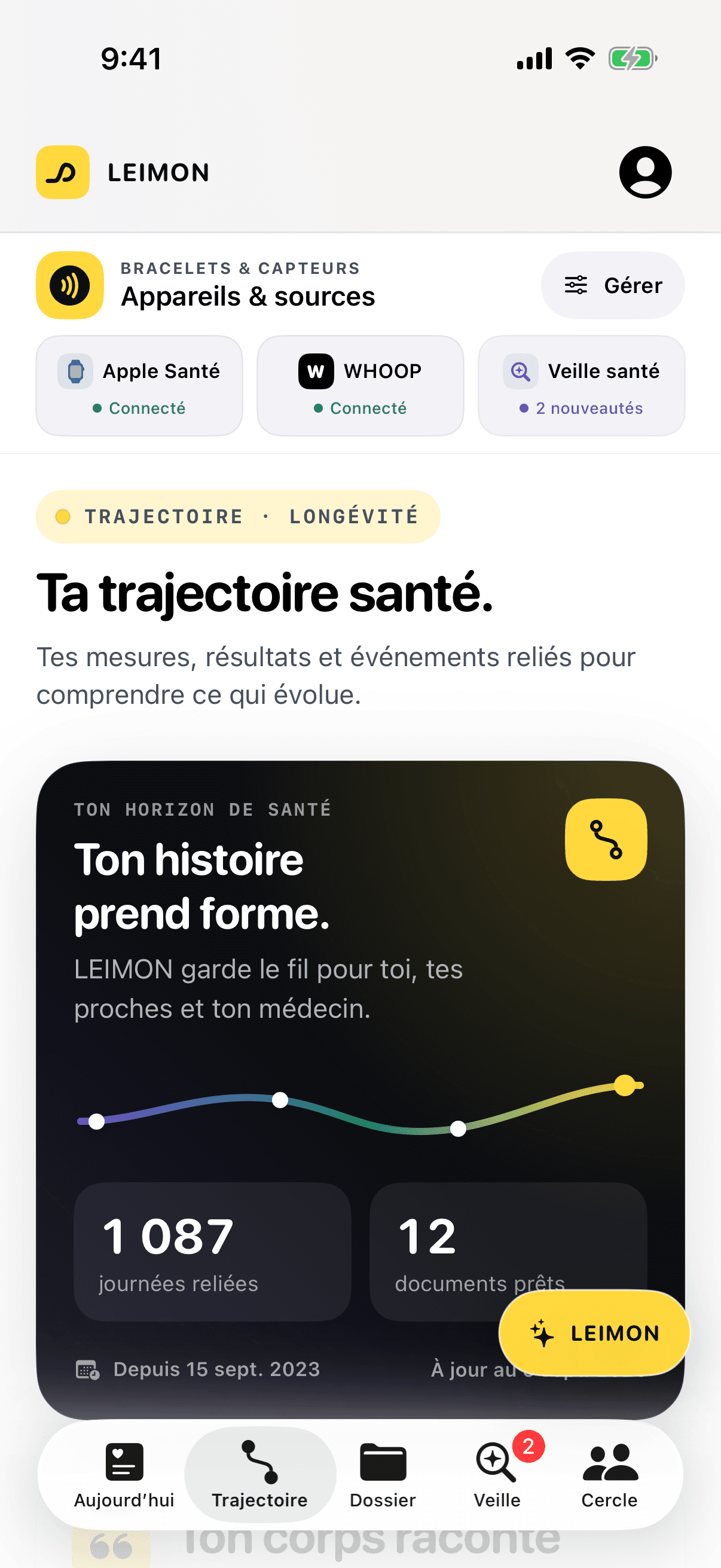 La trajectoire dans l’app LEIMON : journées et documents reliés dans le temps.