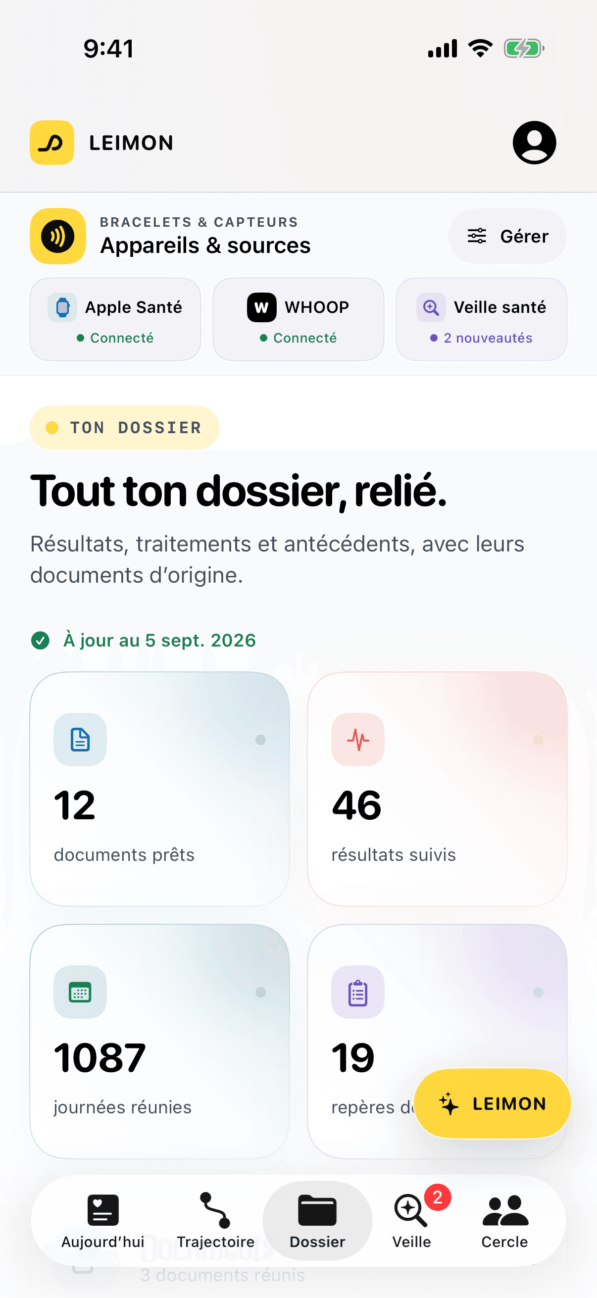 Le dossier dans l’app LEIMON : documents, résultats, journées et repères réunis.