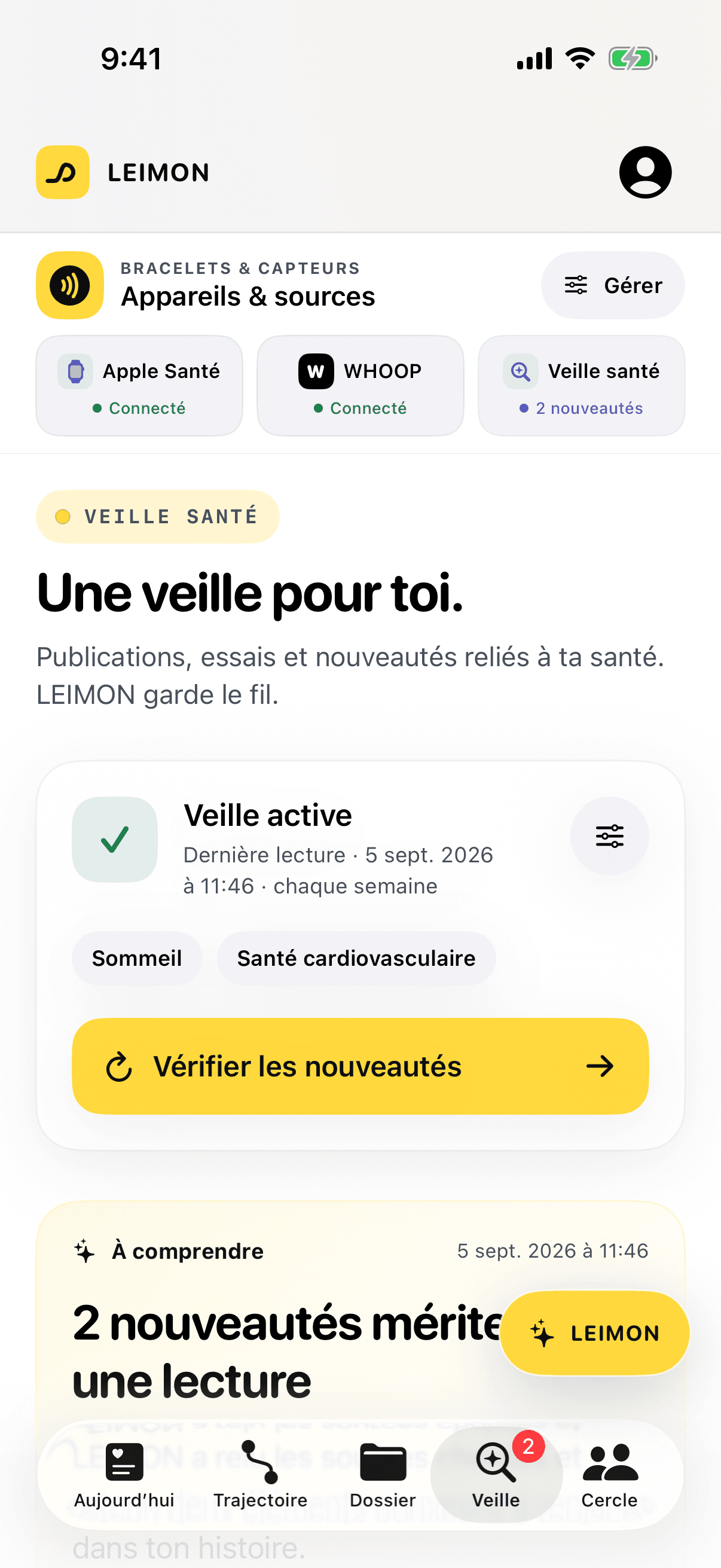 La veille dans l’app LEIMON : sujets suivis, dernière lecture et nouvelles informations à comprendre.