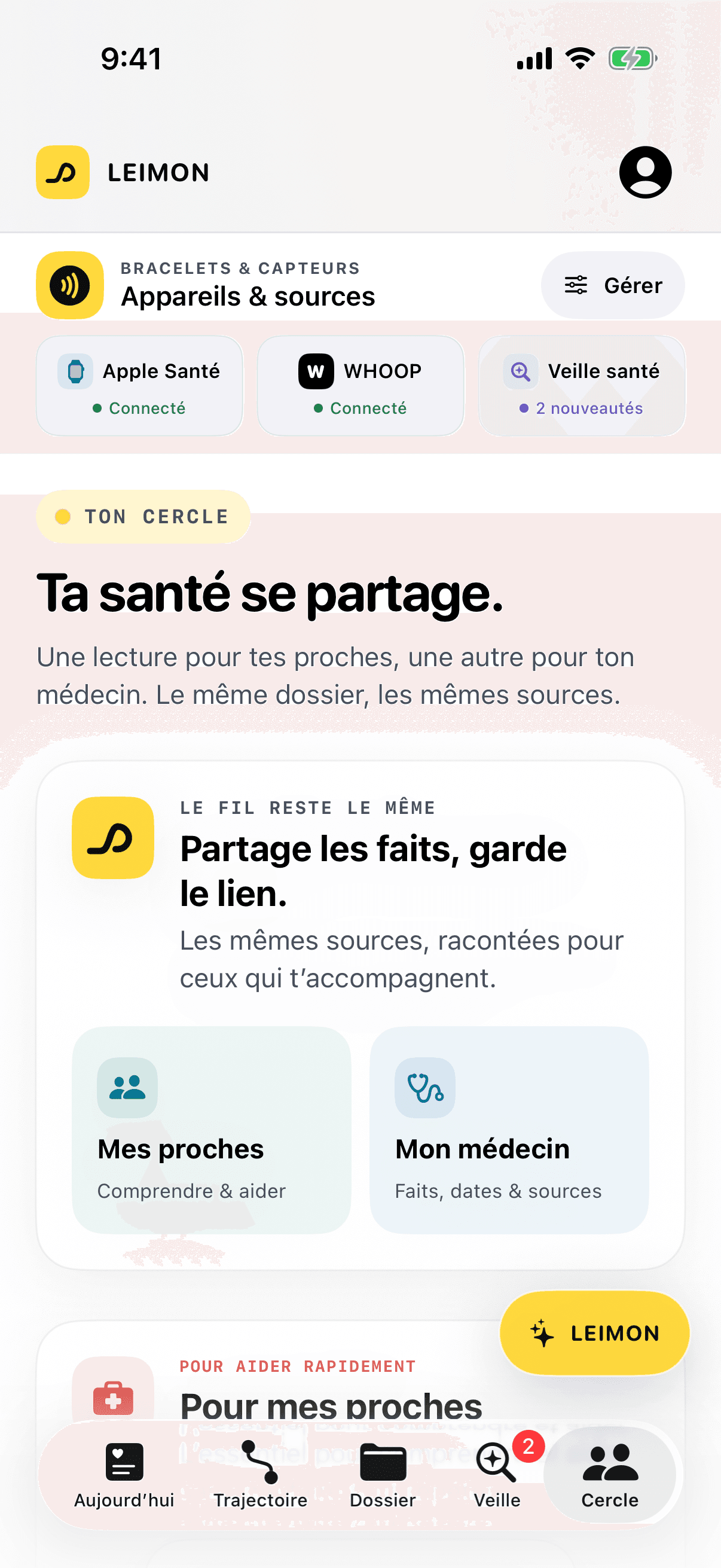 Le cercle dans l’app LEIMON : une lecture pour les proches, une autre pour le médecin.