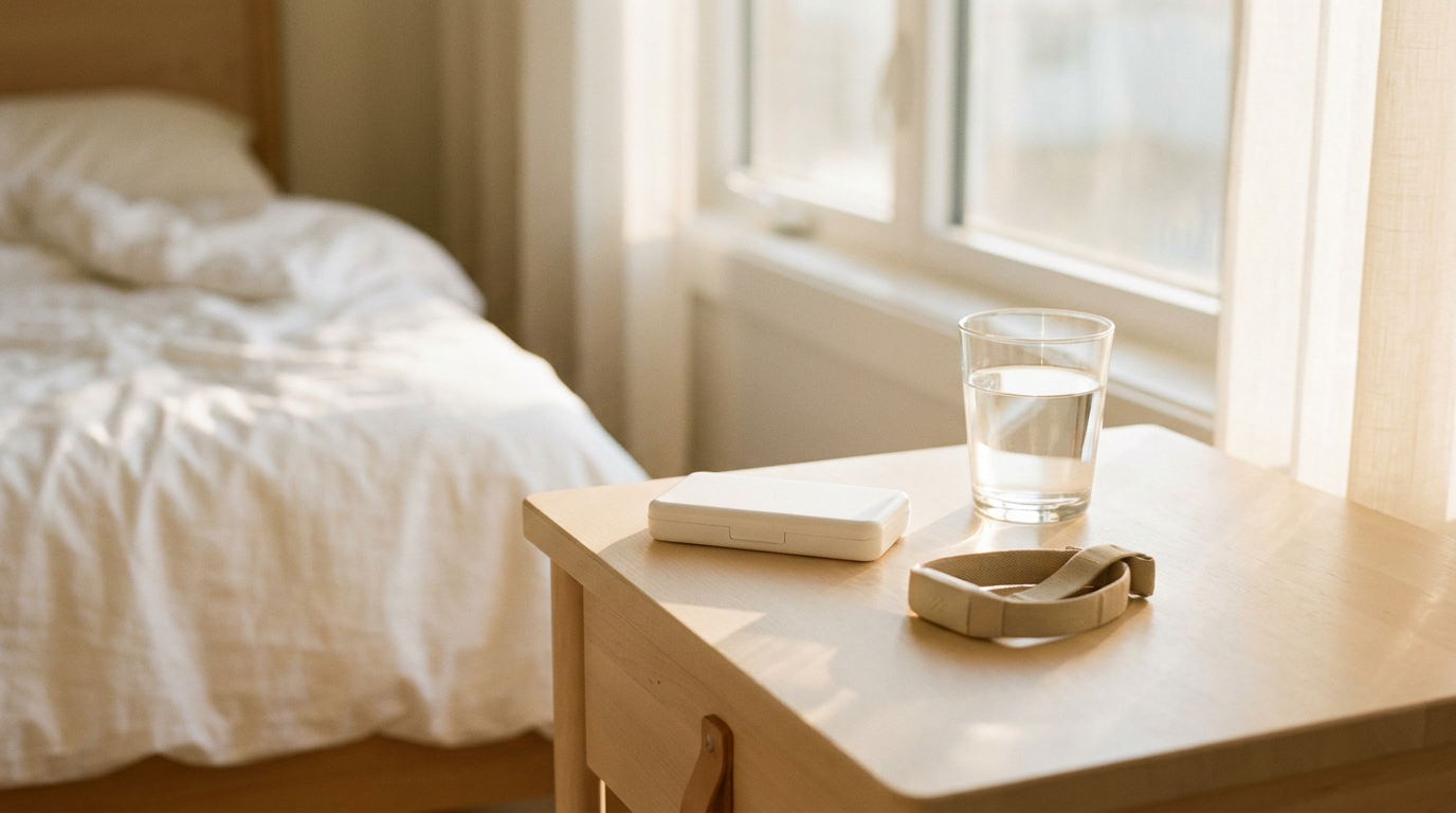 Table de chevet à l'aube : un verre d'eau, un pilulier fermé et un bracelet d'activité retiré, devant un lit défait dans une lumière bleue.