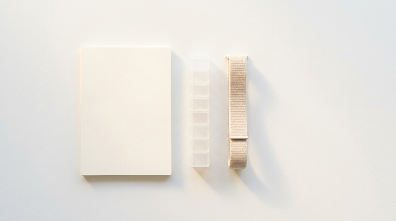Les mêmes documents, cette fois empilés et alignés, à côté d'un pilulier fermé et d'un bracelet posé à plat.
